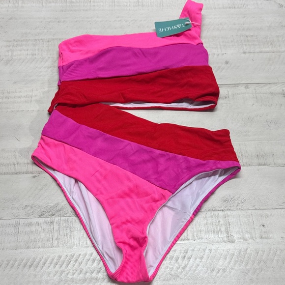 TASHEHE One Shoulder Sexy Neon Color Block Bathing Suit Full Coverage Cutout - Picture 3 of 9